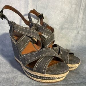 Hush Puppies Denim 4 Inch Wedges Sz 10 Women Strap Sandals/ Braided Detail